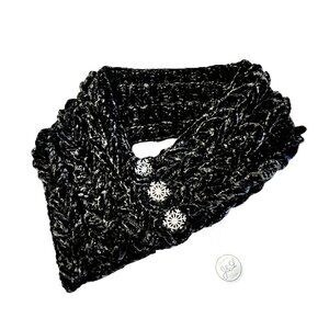 Handmade Black Velvet Crochet Infinity Scarf‎ Rhinestone Snowflake Accents  J&L